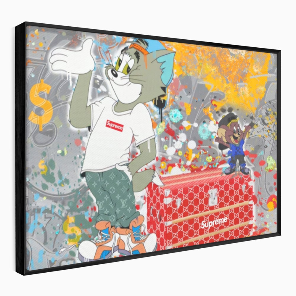 Tablou canvas cu tablou canvas cu tom si jerry, in rama de aluminiu negru